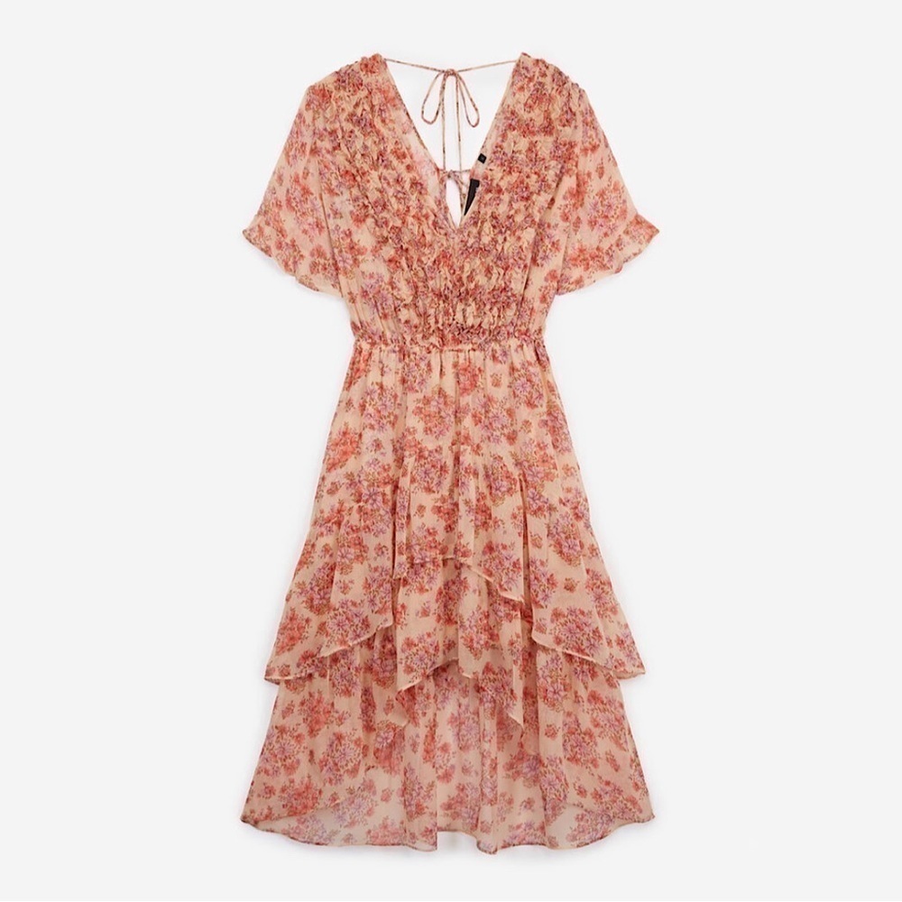 NEW The Kooples Floral Chiffon Frills Ruffled High Low Midi Dress Pink Small